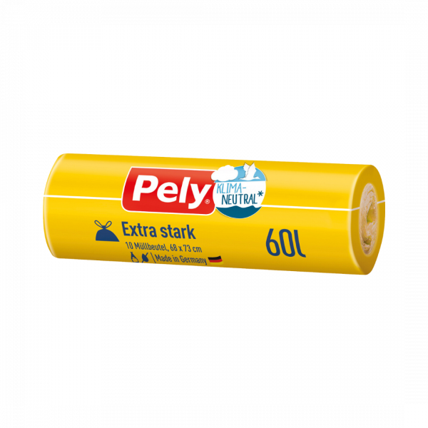 Pely Müllbeutel 60 Liter Klima-Neutral, mit Zugband, extra stark, gelb/blau bedruckt, 68 x 73 cm, PELY Qualitätsfolie, 49,64m^2